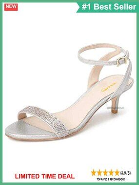 Open Toe Ankle Strap Kitten Heel Rhinestone Sandals Faux Leather